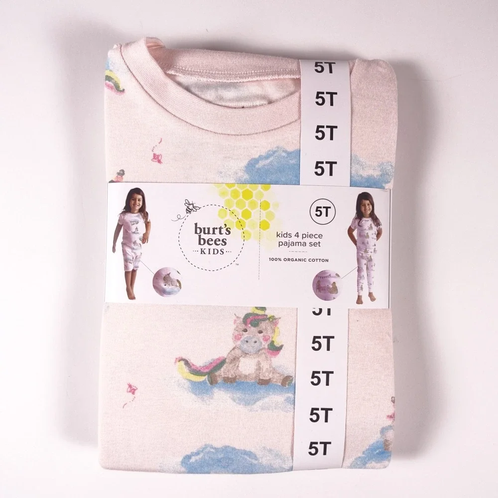 Burts Bees Kids 5T 4-Piece Pajama Set 100% Organic Cotton Pink Tea Party Unicorn
